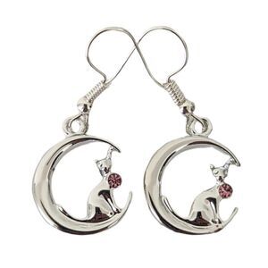 Kitty Cat Crescent Moon Pink Rhinestone Earrings
